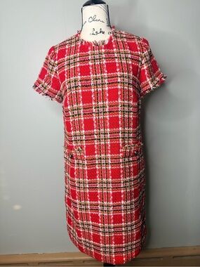 Ann Taylor Red Plaid Tweed Midi Dress